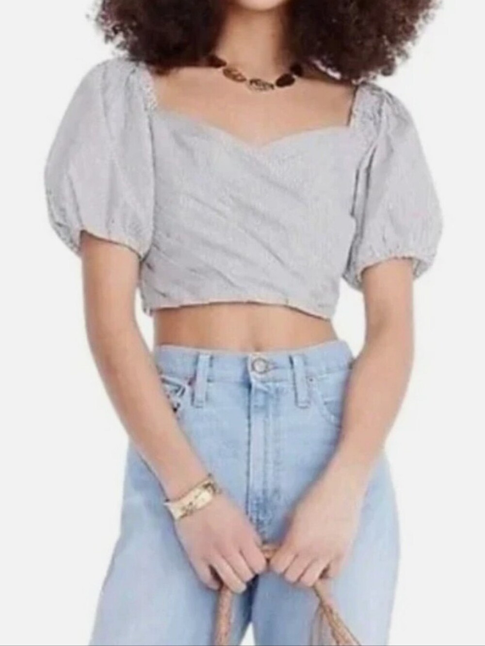 J. Crew Black‎ & White Striped Puff Sleeve Crop Top SzM Coquette Summer